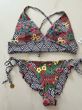 Luli Fama Colorful Floral & Geometric Bikini Set size Medium reversible
